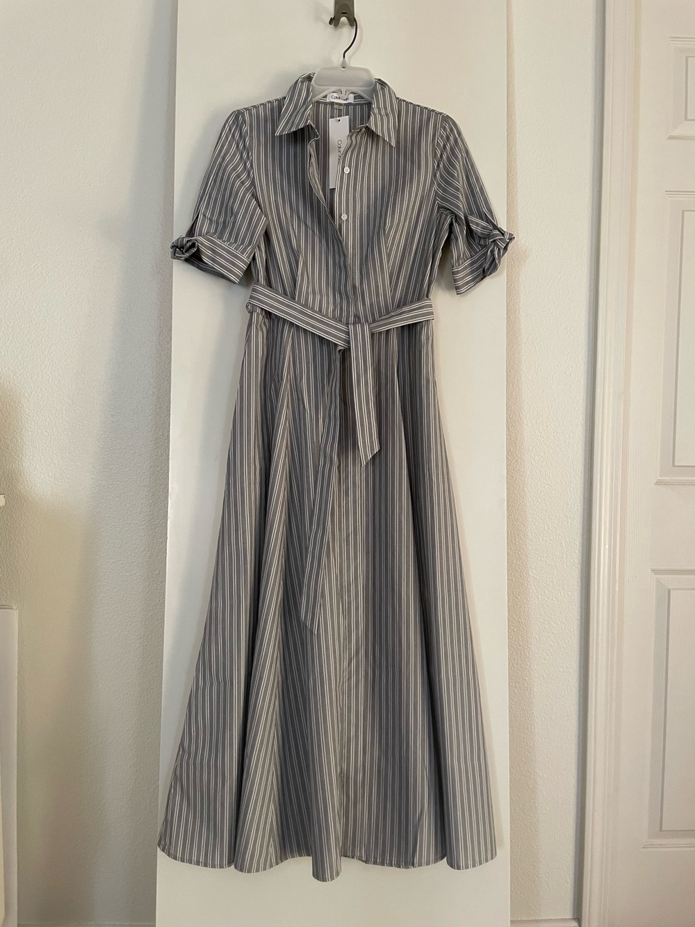 Sz 2: Calvin Klein Pure Cotton Midi Shirt Dress Grey/White Stripe Flowy NWT!